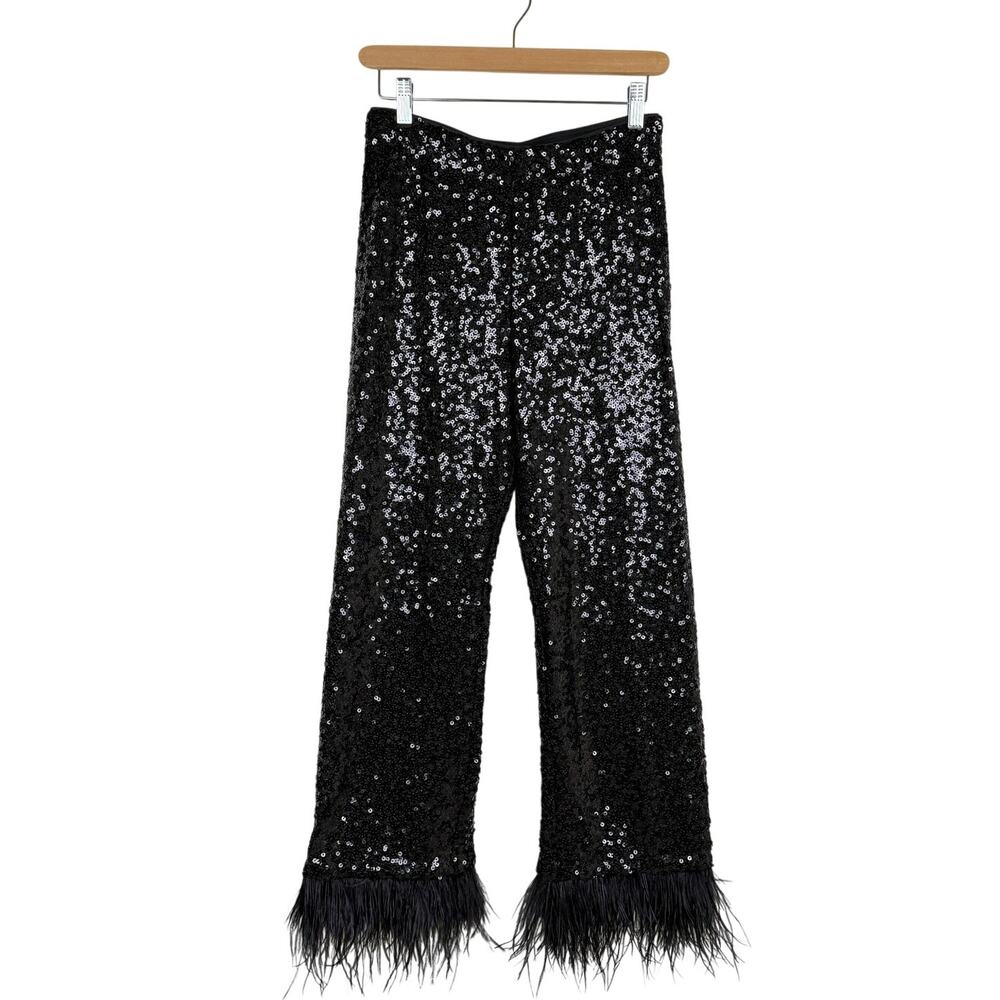Calzedonia Black Sequin Cropped Flare Pants Feather Trim Party Size M